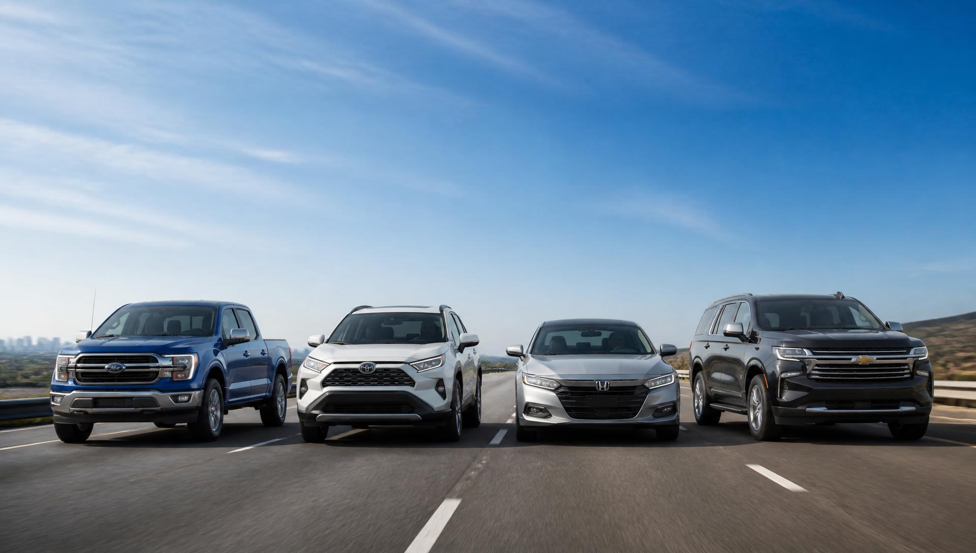 A lineup of everyday vehicles including a Ford F-150, Toyota RAV4, Honda Accord, and Chevy Tahoe driving together on an open highway