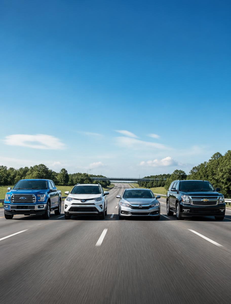 A lineup of everyday vehicles including a Ford F-150, Toyota RAV4, Honda Accord, and Chevy Tahoe driving together on an open highway